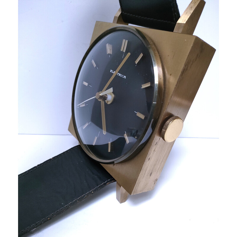 Horloge murale vintage en forme de montre bracelet en simili cuir noir, 1970