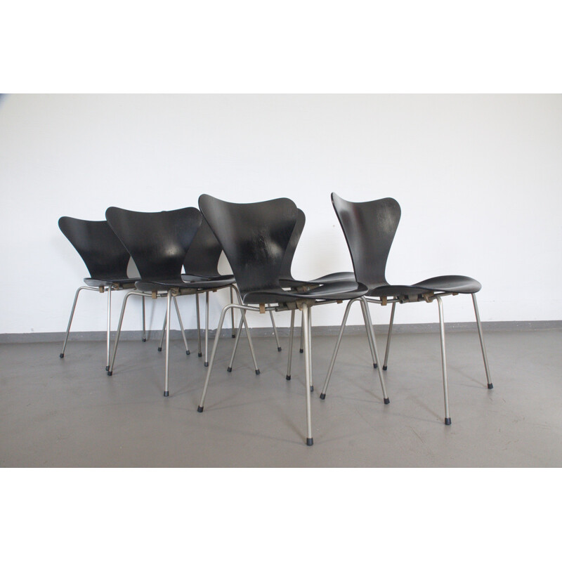 Set of 6 plywood black chairs, Model 3107 by Arne Jacobsen - 1950s