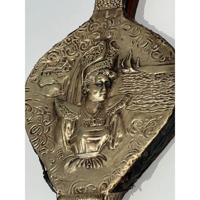 Vintage fireplace bellows in embossed brass with the image of a woman, France 1900
