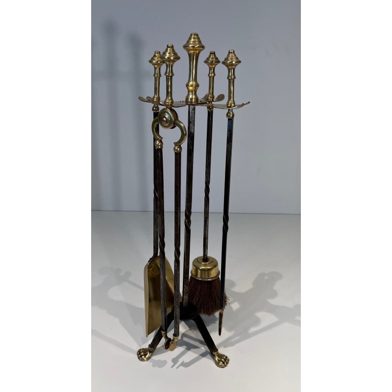 Vintage brass and brushed steel fire set with claw feet, France 1940