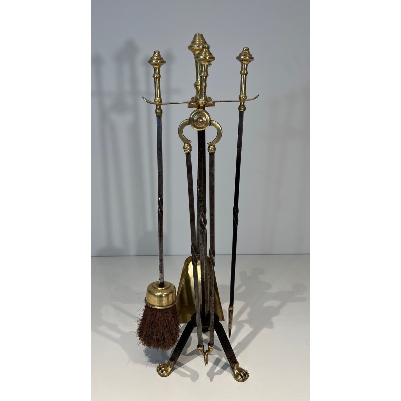 Vintage brass and brushed steel fire set with claw feet, France 1940