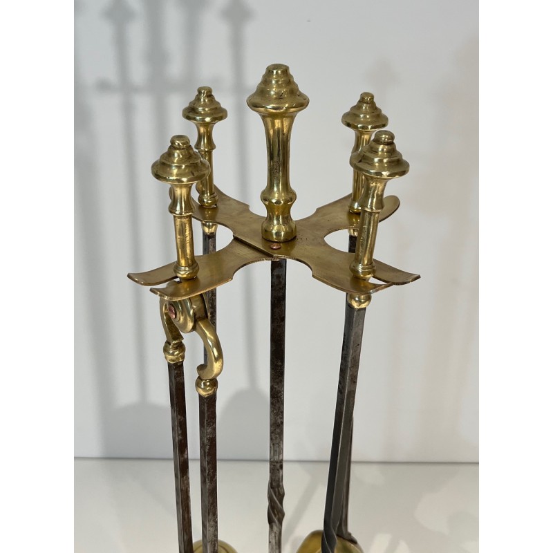 Vintage brass and brushed steel fire set with claw feet, France 1940