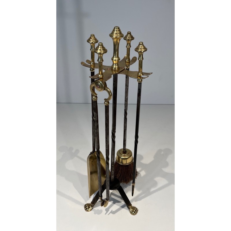 Vintage brass and brushed steel fire set with claw feet, France 1940