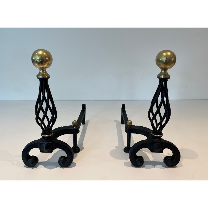 Pair of vintage wrought iron bedside tables topped with a brass ball, France 1970