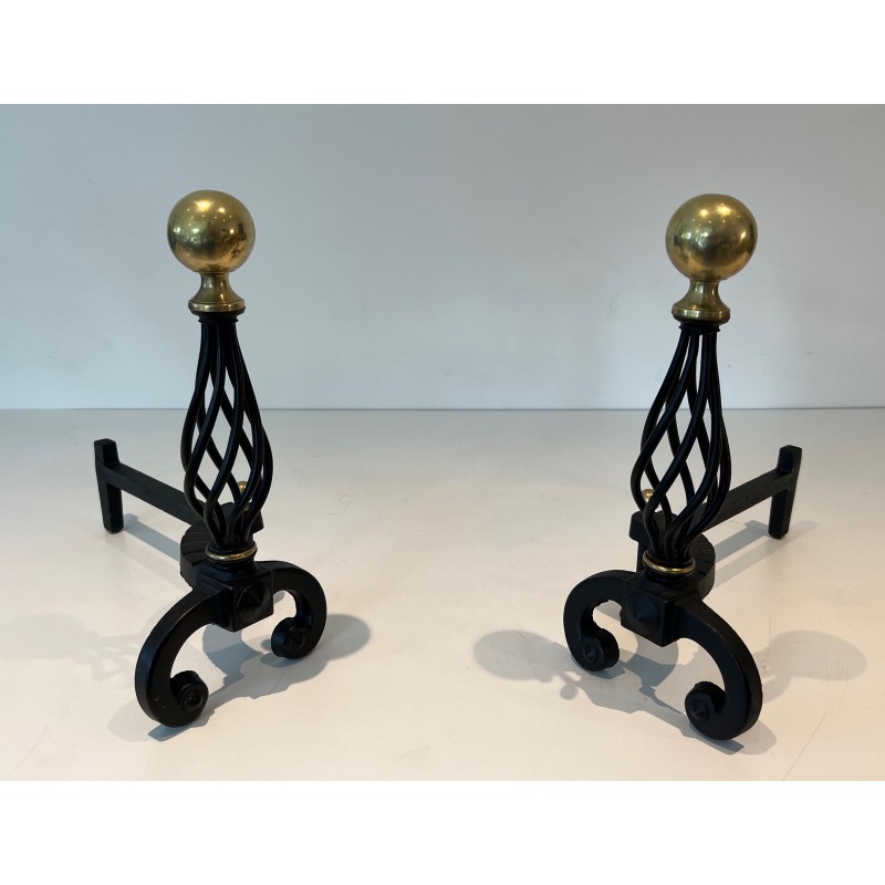 Pair of vintage wrought iron bedside tables topped with a brass ball, France 1970