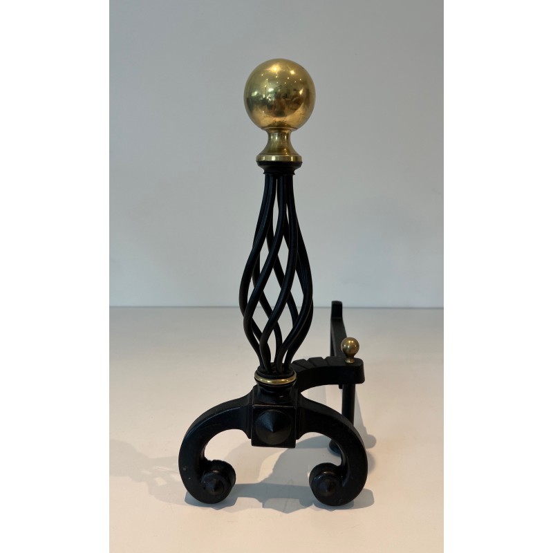 Pair of vintage wrought iron bedside tables topped with a brass ball, France 1970