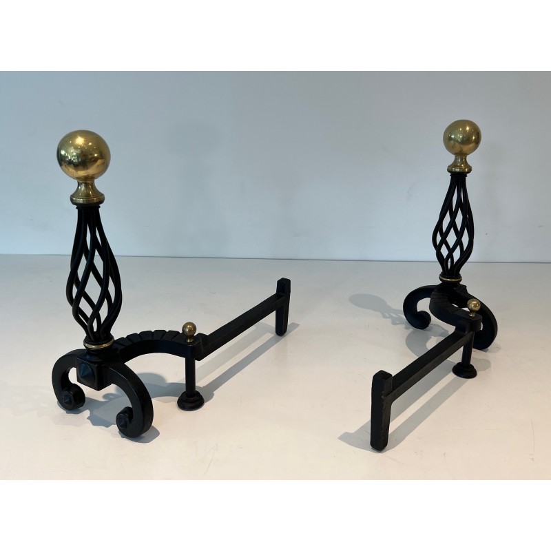 Pair of vintage wrought iron bedside tables topped with a brass ball, France 1970