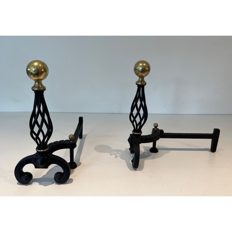 Pair of vintage wrought iron bedside tables topped with a brass ball, France 1970