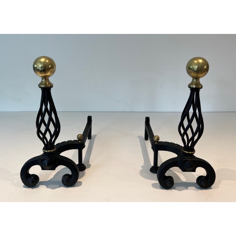 Pair of vintage wrought iron bedside tables topped with a brass ball, France 1970