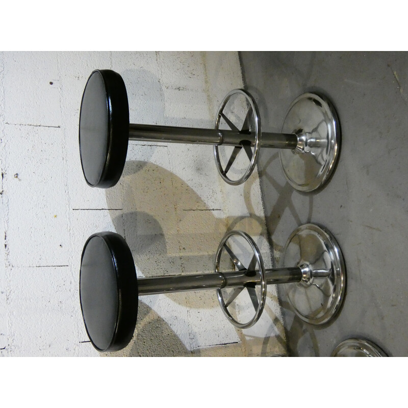 Set of 4 vintage stools in polished stainless steel and black skai, 1970