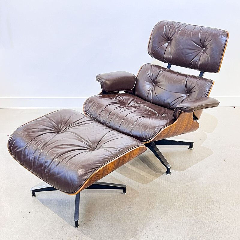 Fauteuil vintage avec ottoman en palissandre de Rio par Charles et Ray Eames, 1970