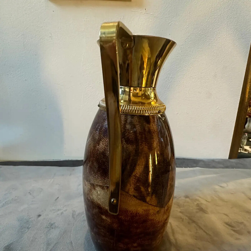 Carafe vintage en peau de chèvre brune et laiton par Aldo Tura pour Macabo, Italie 1950