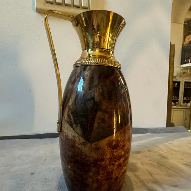 Carafe vintage en peau de chèvre brune et laiton par Aldo Tura pour Macabo, Italie 1950