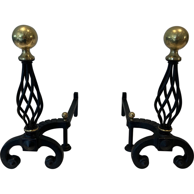 Pair of vintage wrought iron bedside tables topped with a brass ball, France 1970