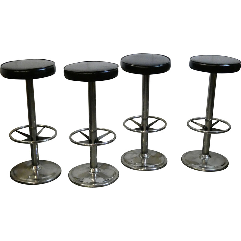 Lot de 4 tabourets vintage en inox poli et skai noir, 1970