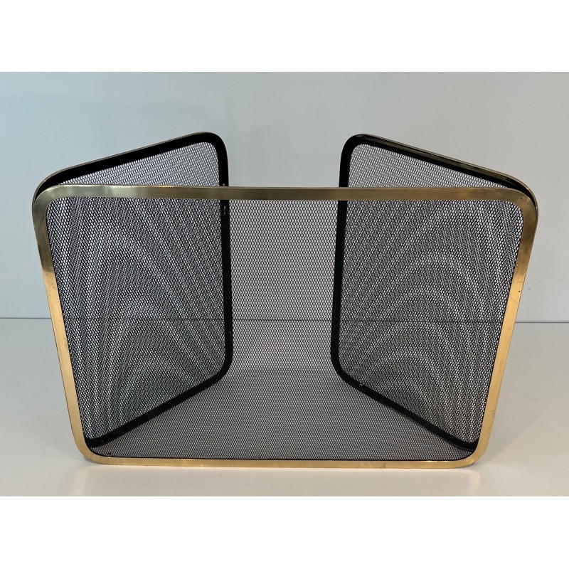 Vintage fire screen with 3 panels in brass and mesh, France 1970