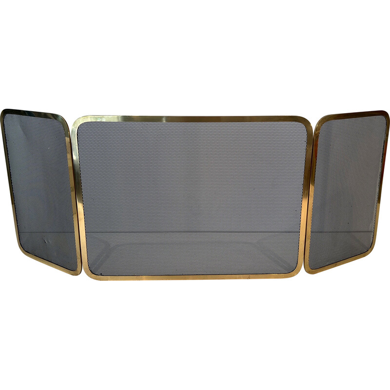Vintage fire screen with 3 panels in brass and mesh, France 1970