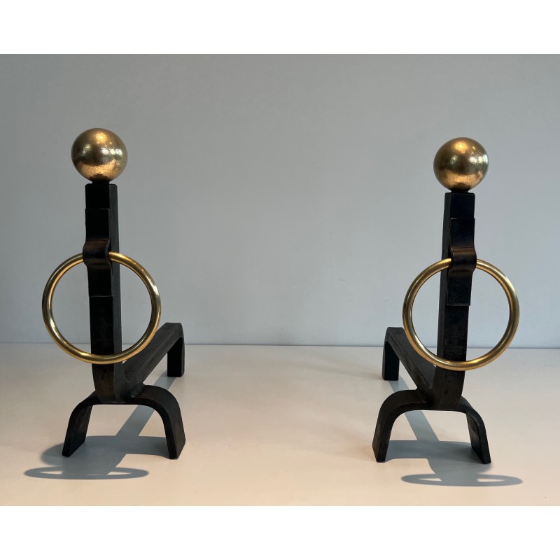 Pair of vintage andirons in wrought iron and brass, France 1950