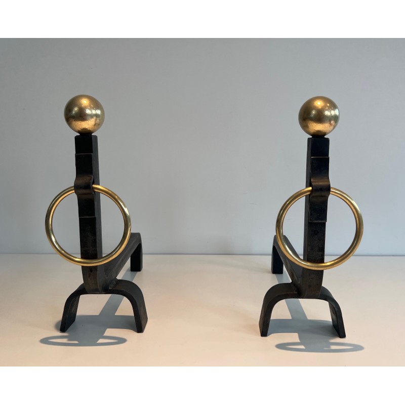 Pair of vintage andirons in wrought iron and brass, France 1950