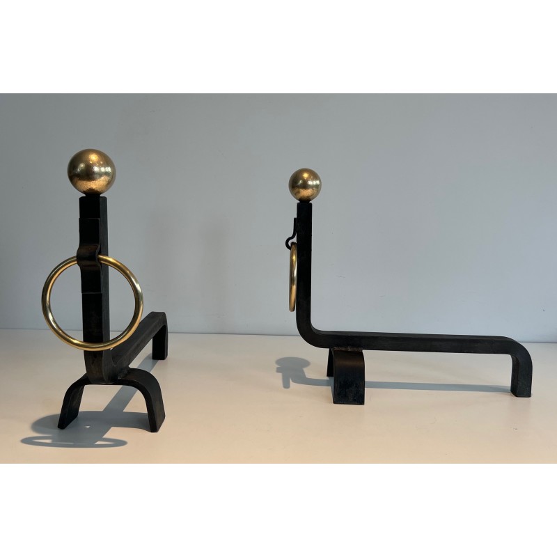 Pair of vintage andirons in wrought iron and brass, France 1950