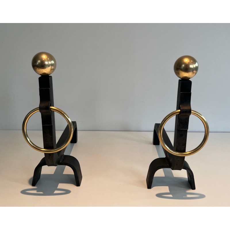 Pair of vintage andirons in wrought iron and brass, France 1950