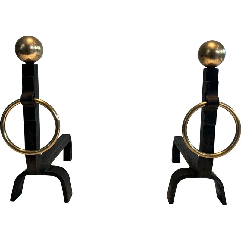 Pair of vintage andirons in wrought iron and brass, France 1950