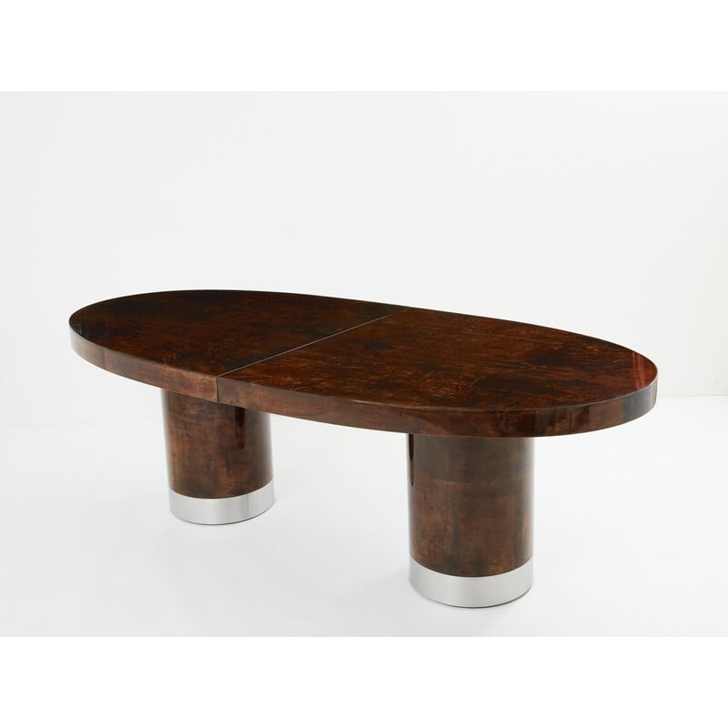 Vintage oval parchment and steel dining table by Aldo Tura, Italy 1960