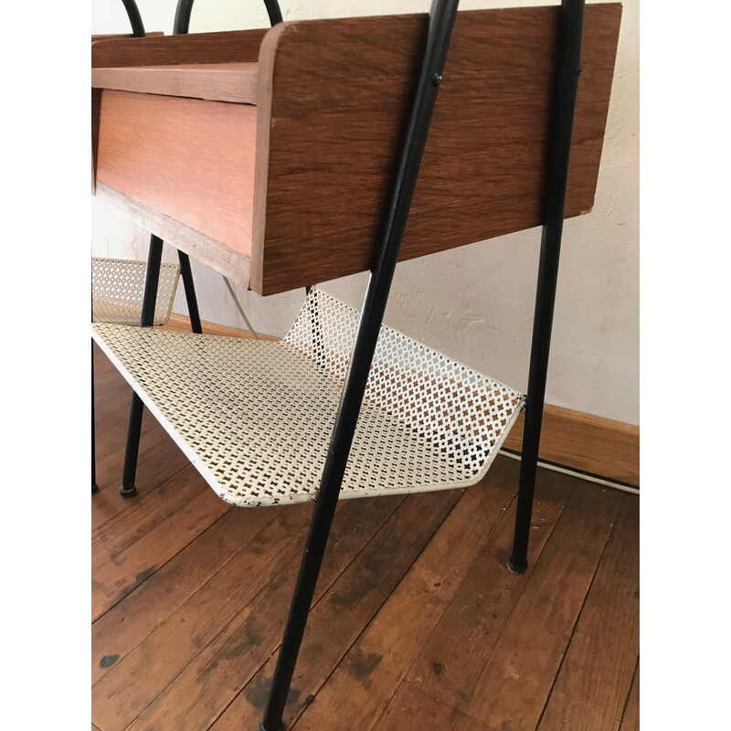 Vintage-Nachttischpaar aus Holz und rundem Metall