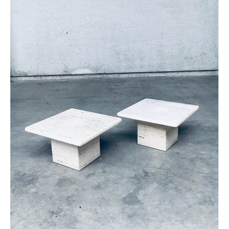 Pair of vintage square travertine side tables, Italy 1970