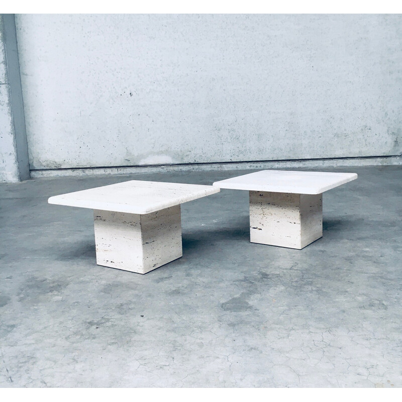 Pair of vintage square travertine side tables, Italy 1970