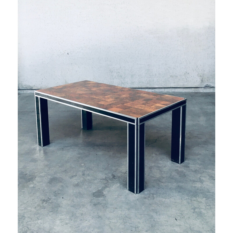 Vintage dining table in olive burl veneer and chrome metal for Mario Sabot, Italy 1970