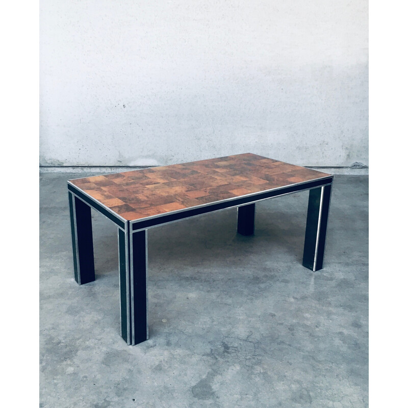 Vintage dining table in olive burl veneer and chrome metal for Mario Sabot, Italy 1970