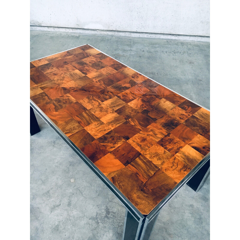 Vintage dining table in olive burl veneer and chrome metal for Mario Sabot, Italy 1970