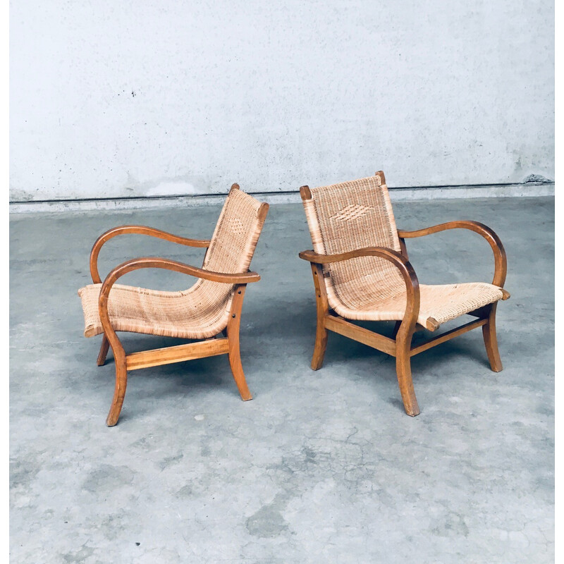 Pair of vintage Bauhaus armchairs in beech wood and rattan by Erich Dieckmann, Germany 1930
