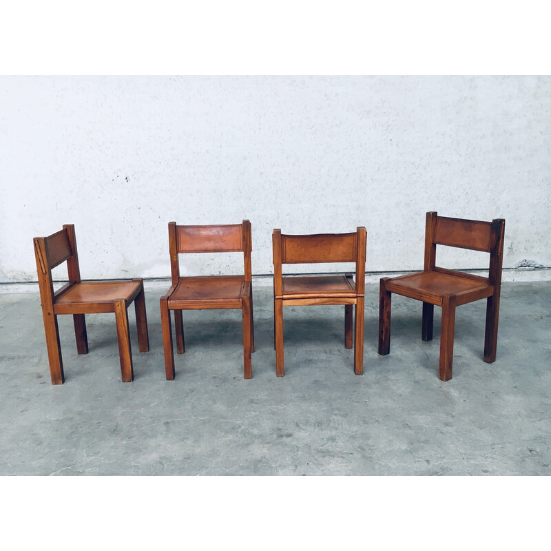 Set of 4 vintage dining chairs in elm and cognac leather, Italy 1960