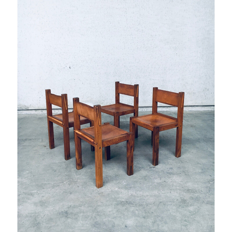 Set of 4 vintage dining chairs in elm and cognac leather, Italy 1960