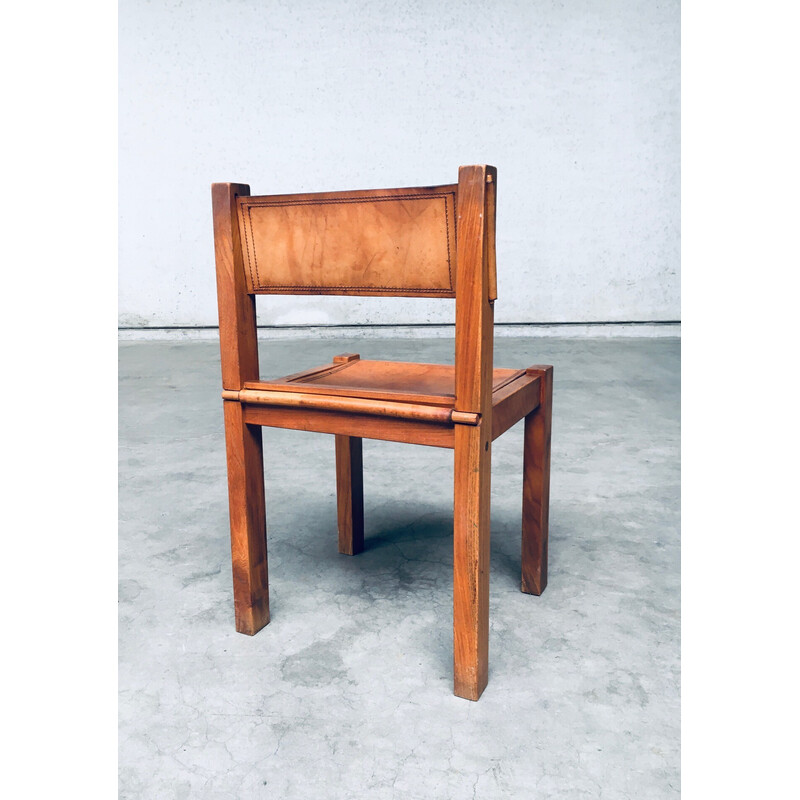 Set of 4 vintage dining chairs in elm and cognac leather, Italy 1960