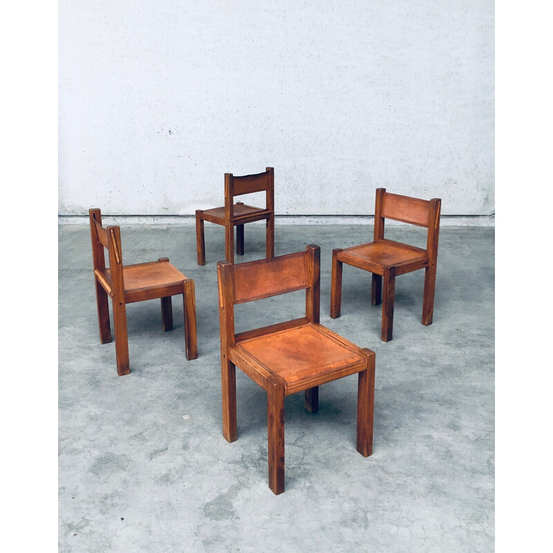 Set of 4 vintage dining chairs in elm and cognac leather, Italy 1960