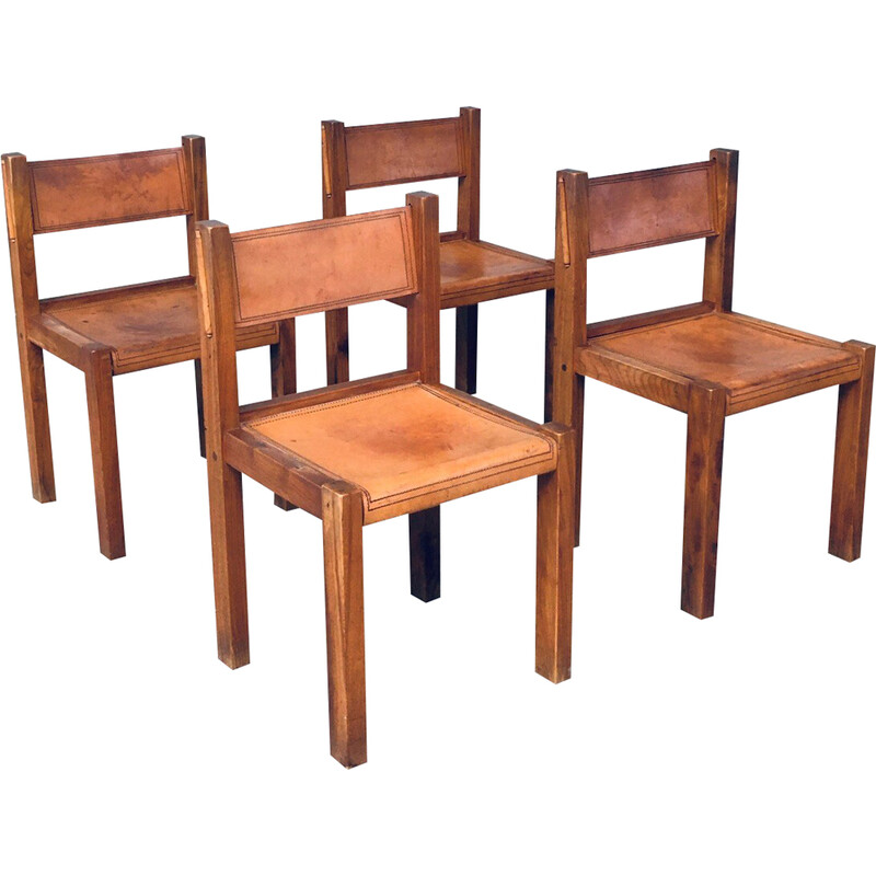 Set of 4 vintage dining chairs in elm and cognac leather, Italy 1960