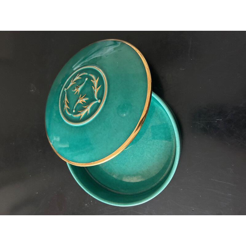 Caja vintage de cerámica verde y dorada de Magdalithe, 1950