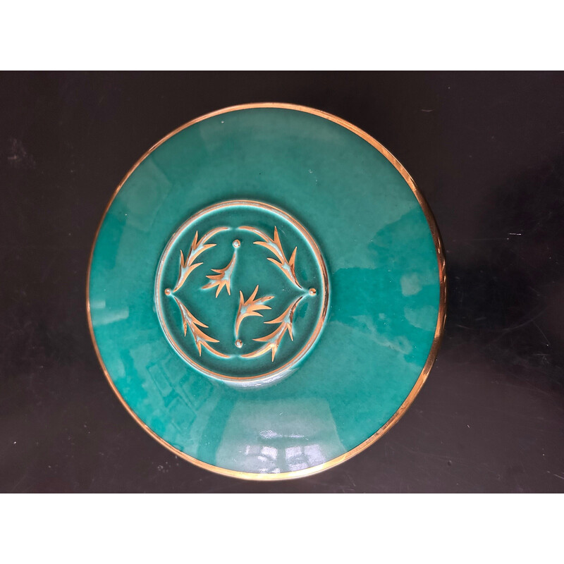 Caixa de cerâmica vintage verde e dourada de Magdalithe, 1950