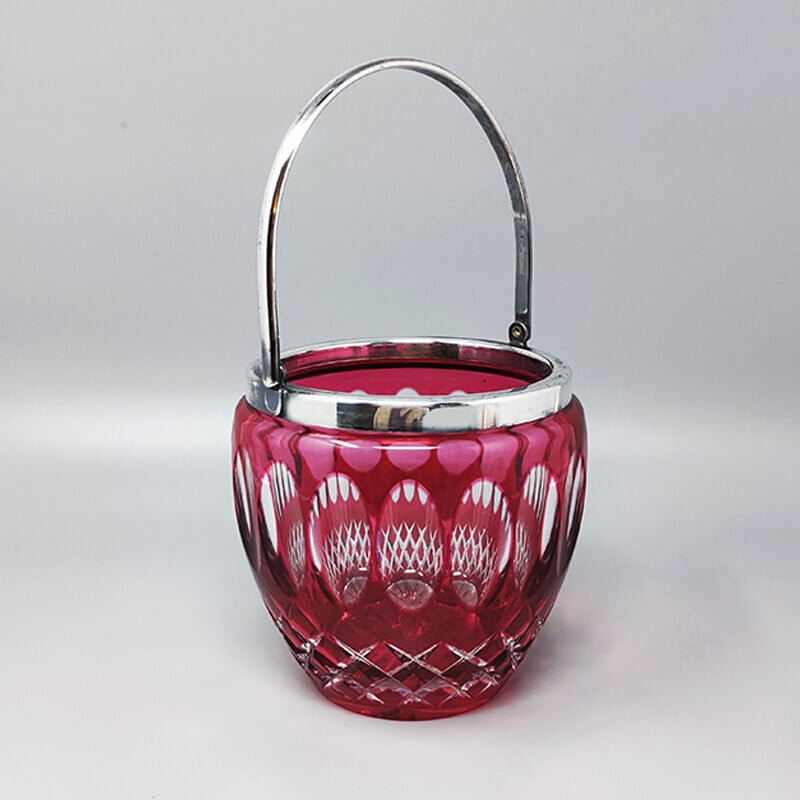 Vintage red bohemian cut crystal glass ice bucket, Italy 1960