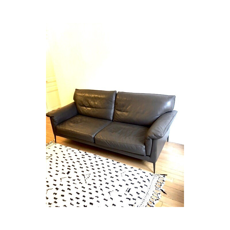 Vintage 2-seater sofa "Hélium" in gray cowhide leather and black metal for Duvivier, France