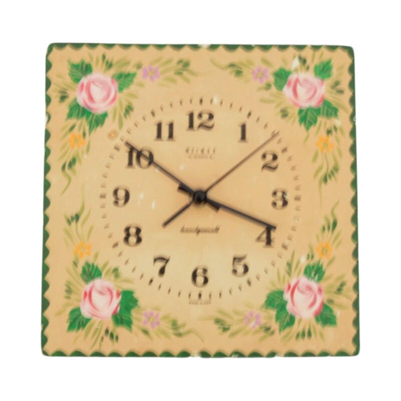 Vintage kitchen wall clock with a wooden dial, Germany 1970