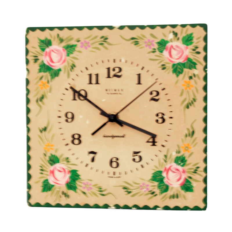 Vintage kitchen wall clock with a wooden dial, Germany 1970