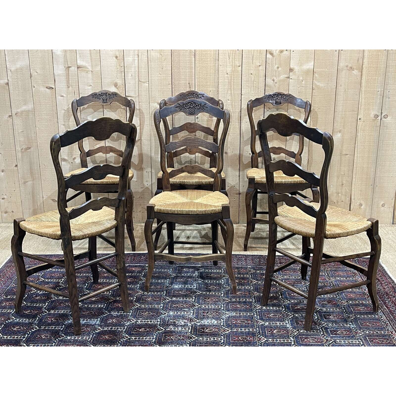 Lot de 6 chaises vintage en frêne et assise en paille, 1950