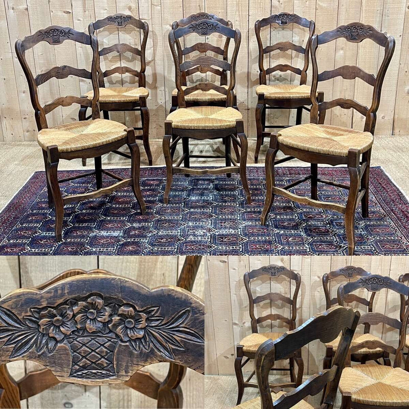 Lot de 6 chaises vintage en frêne et assise en paille, 1950