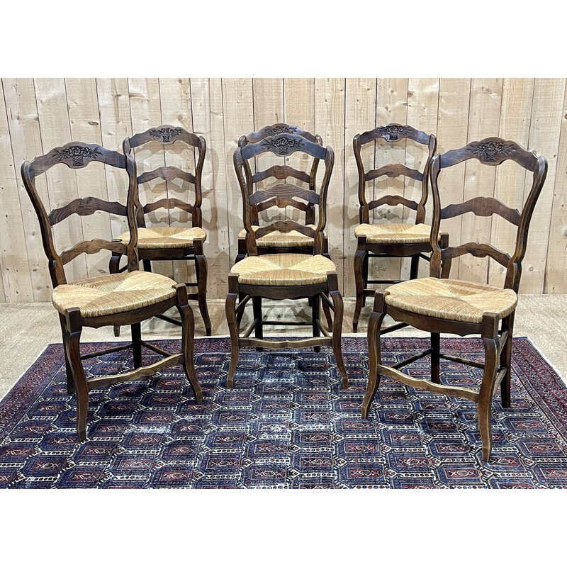 Set of 6 vintage chairs in ash and straw seats, 1950