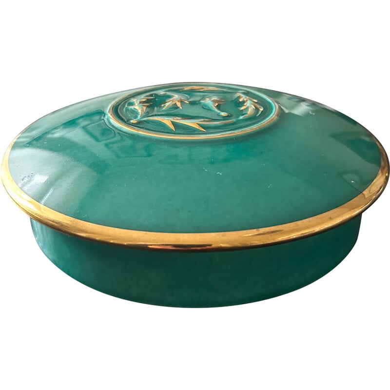 Caixa de cerâmica vintage verde e dourada de Magdalithe, 1950