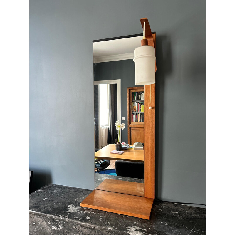 Vintage teak and opaline glass mirror for Munchner Zierspiegel, 1960